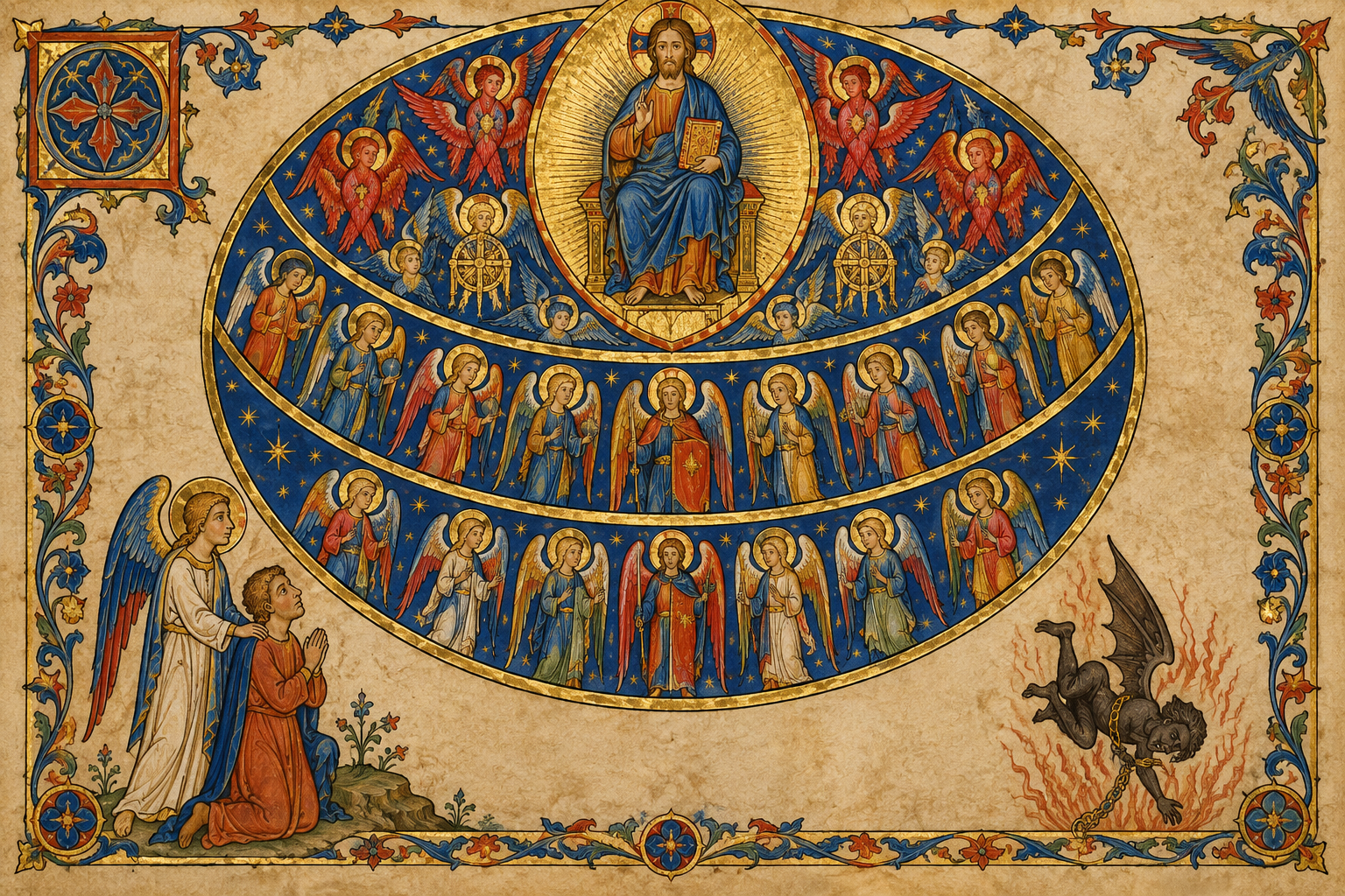 Legenda Catequética: Como Ler Esta Imagem 🔝 No topo: Cristo, o Senhor dos Anjos No centro mais alto está Cristo em glória, dentro da mandorla dourada. Ele ocupa o lugar mais elevado porque é o centro de toda a criação: "Nele foram criadas todas as coisas, as visíveis e as invisíveis... tudo foi criado por Ele e para Ele" (Cl 1, 16). Os anjos não orbitam em torno de si mesmos; orbitam em torno de Cristo. Esta é a primeira lição da imagem: a devoção aos anjos começa e termina em Jesus. 🔵 Os três círculos: os nove coros angélicos Os círculos concêntricos representam a hierarquia dos anjos, ensinada pela Tradição e sistematizada por São Tomás de Aquino (Suma Teológica I, qq. 108-109): Círculo mais próximo de Cristo: Serafins, Querubins e Tronos. São os que mais contemplam a Deus. Quanto mais perto de Deus, mais ardem de amor. Círculo do meio: Dominações, Virtudes e Potestades. Regem o cosmos e a ordem da criação. Círculo mais próximo de nós: Principados, Arcanjos e Anjos. São os enviados em missão junto aos homens. 👉 Lição pedagógica: a hierarquia não é competição, mas ordem de serviço. Os que mais veem a face de Deus são os que mais servem. É o oposto da lógica do mundo, onde os primeiros mandam; no céu, os primeiros servem. 🛡️ Na base: o homem e seu Anjo da Guarda No pé da página, um homem ajoelhado olha para o alto, e ao seu lado está o anjo da guarda, com a mão protetora no ombro dele. É a doutrina da liturgia de hoje: "Desde a infância até a morte, a vida humana é cercada pela proteção e intercessão dos anjos" (CIC 336). O anjo não está acima do homem para dominá-lo, mas ao lado dele para acompanhá-lo. E ambos olham na mesma direção: para Cristo. O anjo da guarda não aponta para si mesmo; conduz a Jesus. ⚫ No canto: o anjo caído, pequeno e vencido No canto inferior, uma figura escura e acorrentada representa o anjo caído. Note o detalhe intencional: ele é pequeno e marginal na composição. Esta é uma catequese visual preciosa: o demônio é real, mas não é o protagonista. É criatura rebelde, limitada e já vencida por Cristo na Cruz (CIC 391-395). A imagem ensina o equilíbrio: nem negar o maligno, nem dar-lhe um palco. Ele ocupa a margem; Cristo ocupa o centro.